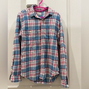Mens M 100% cotton blue and red plaid flannel long sleeve J Crew button down top